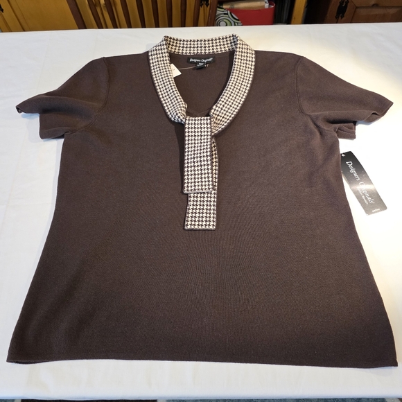 Designers Originals Chocolate Brown Sweater with Houndstooth Collar NWT PXL - Picture 9 of 11